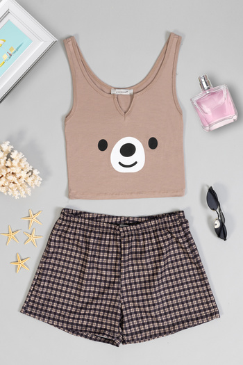 macharelbasic Women's Plaid Patterned Crop Shorts Set