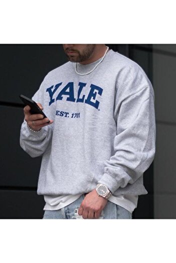 Adrift Унісекс сірий светр з принтом Yale, великий розмір, з коміром-стійкою YALESWEATSHİRT