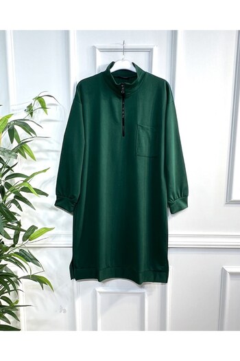 Aşkı Endam Asian Zipper Detailed Two Thread Combed Cotton Tunic - Emerald
