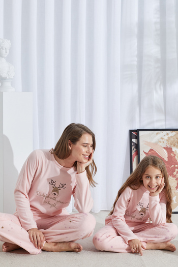 Siyah İnci Pink Top-Bottom Fleece Embroidered Pajama Set