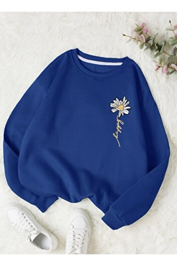 Machetta Plus Size Daisy Flower Printed Oversize 3 thread Sweatshirt