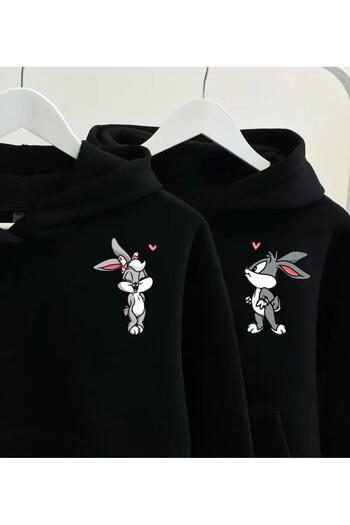 Unique Bugs Bunny Double Combination - Black Printed Oversize Hooded Sweatshirt