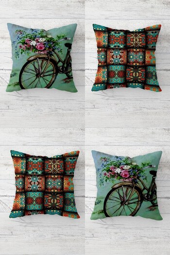 on the clouds Bicycle and Ethnic Patterned Vintage Hidden Zippered Throw Pillow Cover Seat Pillow Cover Set(4PCS)
