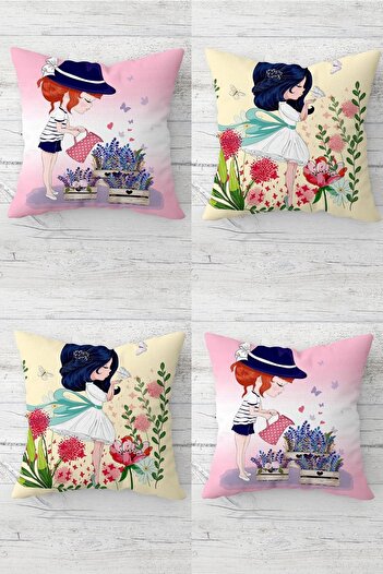 on the clouds Girl Hidden Zipper Throw Pillow Cover Seat Pillow Cover Set with Watering Flowers and Butterflies(4PCS)