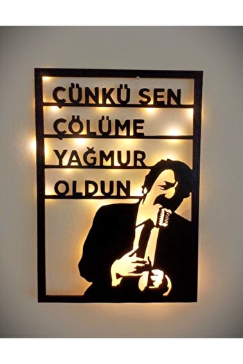 GiftStore Müslüm Gürses Çünkü Sen Çölüme Yağmur Oldun Silüeti Ledli Işıklı Ahşap Tablo Pilli 50x35
