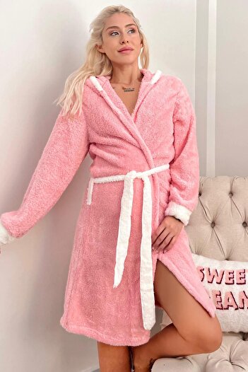 Pijamaevi Salmon Love Patterned Hooded Plush Women's Dressing Gown