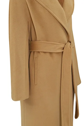 Açelya Okcu Premium Flaped Fleto Pocket Tied Maxi Women's Wool Coat