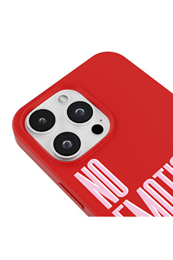 Casen iPhone 14 Pro Max Silikon Özel Tasarım Yazılı Duygusuz No Emotions Kırmızı Renkli Telefon Kılıfı