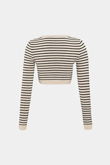 Açelya Okcu Pulover crop tricot pentru damă, cu dungi în dungi