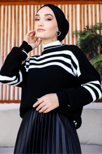 benguen Black 7013 Velo Striped Casual Knitwear Hijab Sweater