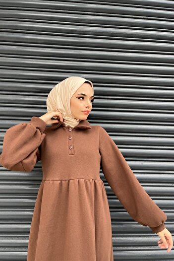 Şule Giyim Front Buttoned Three Thread Dress Brown