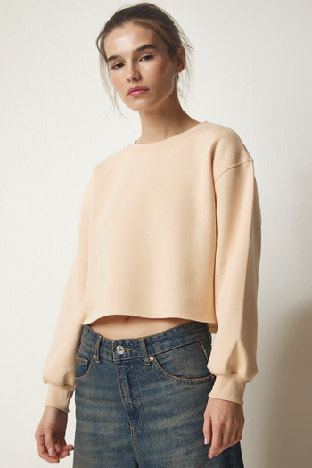 Happiness İstanbul Dámská krémová pletená mikina Crew Neck Raised Crop BF00085