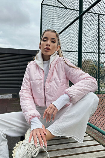 Trend Alaçatı Stili Women's Pink Stand Collar Double Pocket Puffer Jacket with Elastic Waist ALC-X7684