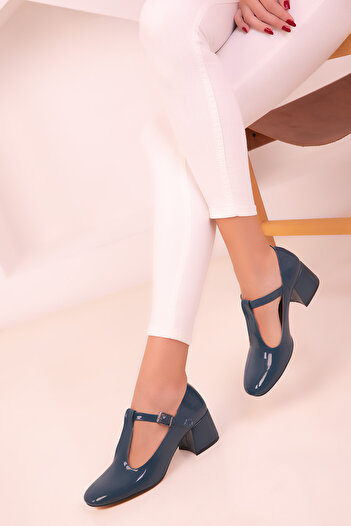 SOHO Petrol Blue Patent Leather Women's Classic Heeled Shoes 18378