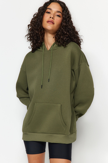 Trendyol Collection Khaki Thick Fleece Inside Oversize/Wide Fit Hooded Basic Knitted Sweatshirt TWOAW24SW00103
