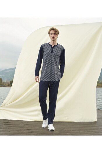 Doreanse Men's Navy Blue Patterned Button Collar Long Sleeve T-shirt Pajama Set 4543