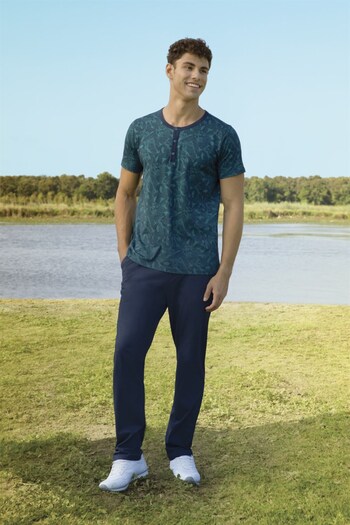 Doreanse Men's Navy Blue Patterned Button Collar T-shirt Pajama Set 4823