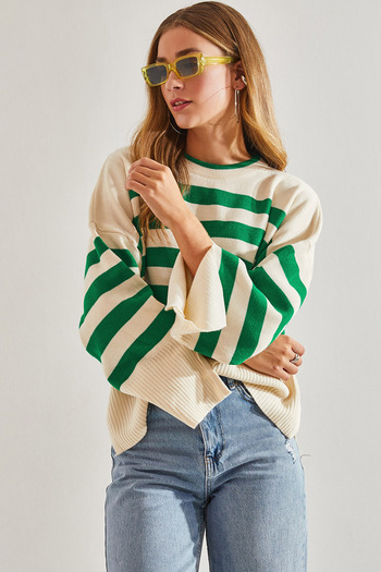 Bianco Lucci Women's Striped Sleeve Ripped Patterned Knitwear Sweater