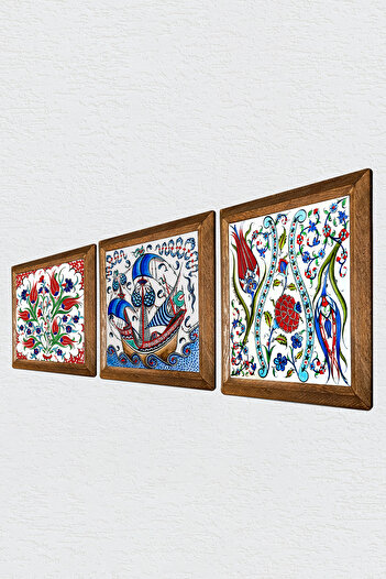 Pinecone Arta țiglă Lalea, Navă cu pânze Pictură pe perete din piatră Decor de perete cu rame din lemn Set de pictură 3 piese