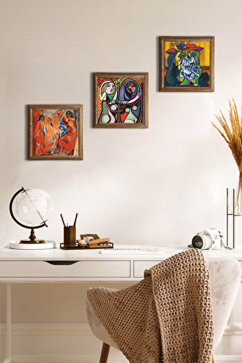 Pinecone Picasso Stone Wall Painting Decor de perete cu rama din lemn Set de pictură din 3 piese Wall Art