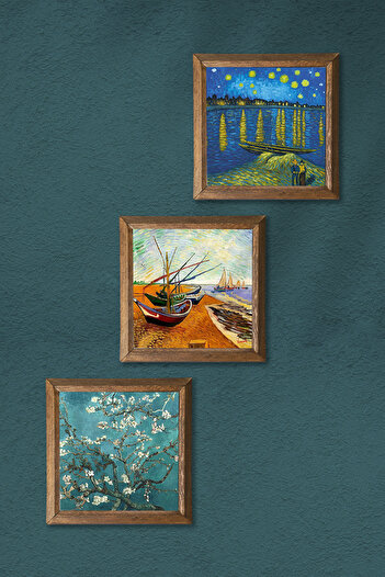 Pinecone Van Gogh Taş Duvar Tablosu Ahşap Çerçeveli Duvar Dekoru 3 Parça Tablo Seti Wall Art W3-507