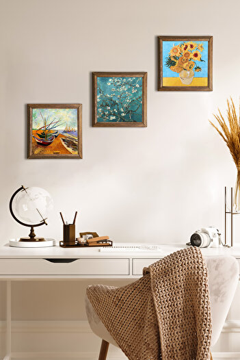 Pinecone Van Gogh Stone Wall Painting with Wood Frame Wall Decor 3 Piece Painting Set Wall Art W3-93