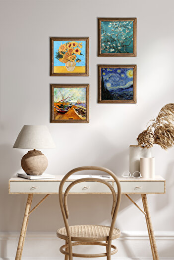 Pinecone Van Gogh Stone Wall Painting with Wood Frame Wall Decor 4 Piece Painting Set Wall Art W4-71