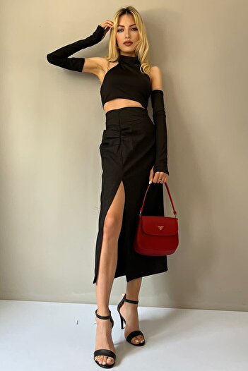 Madmext Black Basic Midi Length Gathered Linen Skirt Mg1540