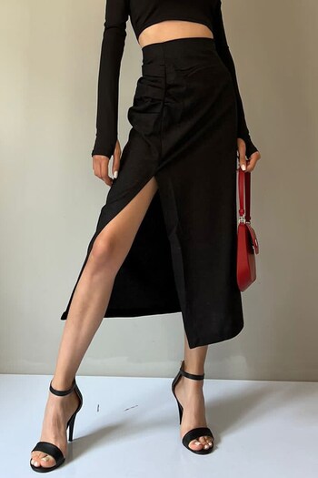 Madmext Black Basic Midi Length Gathered Linen Skirt Mg1540