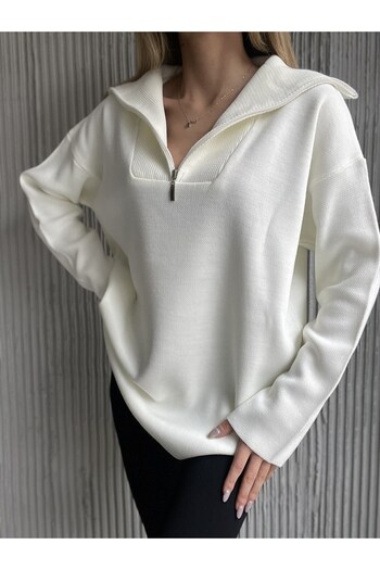 Laluvia Ecru Half Zipper Knitwear Sweater