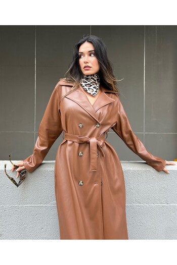 minaaise Brown Double Breasted Closure Leather Trench Coat 26069