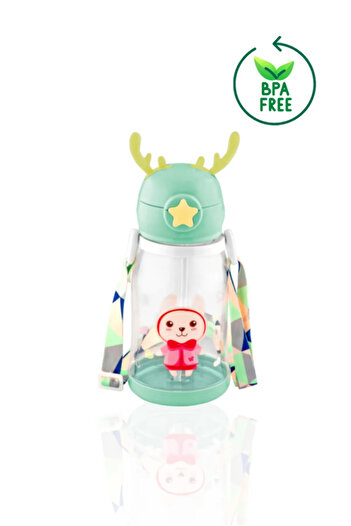 AYGÖREN HOME Geyikli Children's Water Bottle Water Bottle Bpa Free School Water Bottle With Carrying Straw Strap Drip-Free 500 Ml