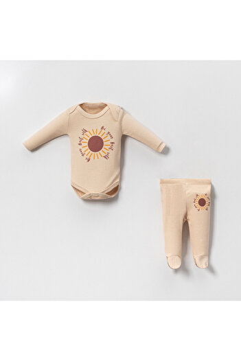 Bubito Sun Patterned Combed Cotton Baby 3-Piece Bottom and Top Set, Mixed Colors