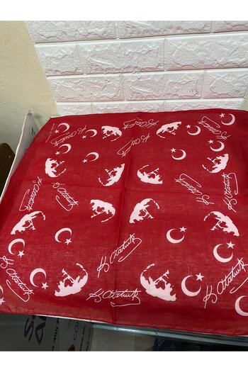 sema aksesuar Red Crescent and Ataturk Silhouette Signed Cotton Fabric Scarf - 23 April, 29 October, 19 May