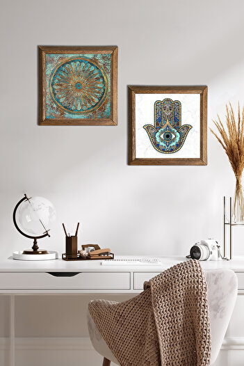 Pinecone Floarea vieții, Mâna Maicii Fatma (Hamsa) Pictură pe perete din piatră Decor de perete cu rame din lemn -W2-46-