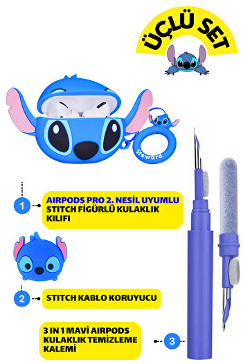 EWEC Pro 2. Nesil Uyumlu Stitch Figürlü Kılıf, Kablo Koruyucu ve Mavi 3 in 1 Kulaklık Temizleme Kalemi