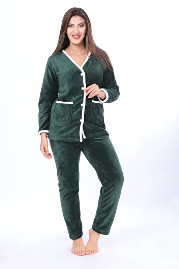 mervemoda Women's Emerald Green Soft Fabric High Quality Front Button Pocket Pajamas Set