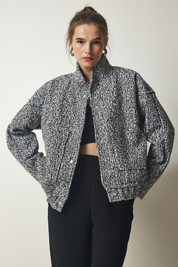 Happiness İstanbul Women's Dark Gray Oversize Boucle Jacket with Snap Fasteners FN03087
