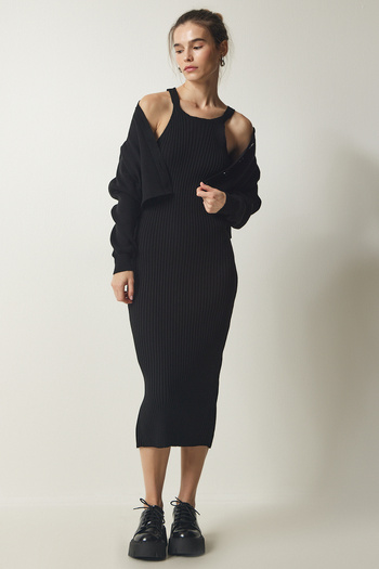 Happiness İstanbul Schwarzes Strickjackenkleid für Damen, Strickanzug YY00185