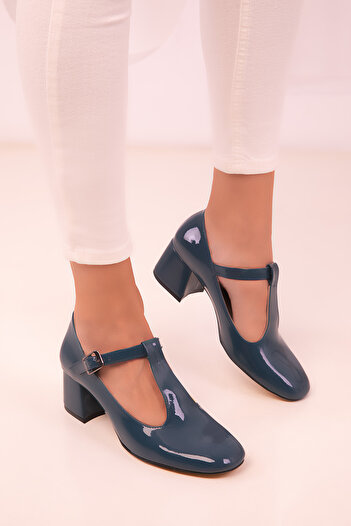 SOHO Petrol Blue Patent Leather Women's Classic Heeled Shoes 18378