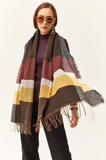 Olalook Women's Yellow Burgundy Black Tasseled Thick Shoulder Shawl