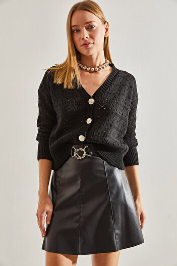 Bianco Lucci Women's Patterned Openwork Knitwear Cardigan