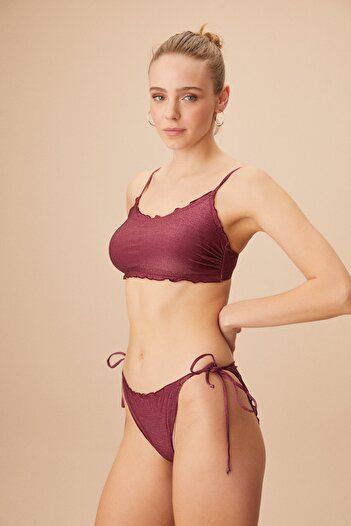 SUWEN Shiny Bikini Bottom - Lace-up and Ruffle
