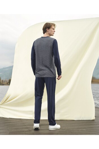 Doreanse Men's Navy Blue Patterned Button Collar Long Sleeve T-shirt Pajama Set 4543