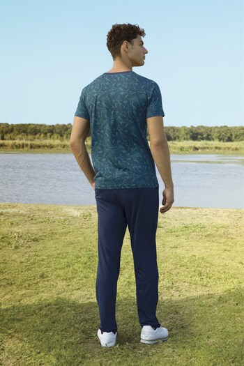 Doreanse Men's Navy Blue Patterned Button Collar T-shirt Pajama Set 4823