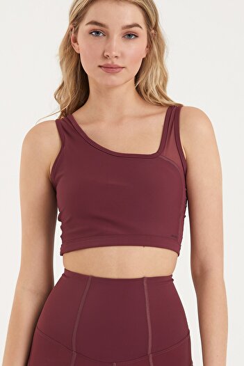 GRAB Burgundy Shoulder Tulle Detailed Sports Bra