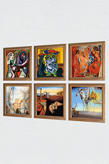 Pinecone Picasso, Salvador Dalí Pictură pe perete de piatră Decor de perete cu rame din lemn Set de pictură de 6 piese Artă de perete