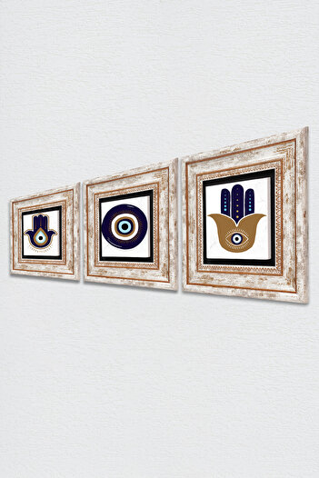 Pinecone Fatma Mother Hand (Hamsa), Nazar Stone Wall Painting Framed Wall Decor 3 Piece Painting Set Tk3-1725