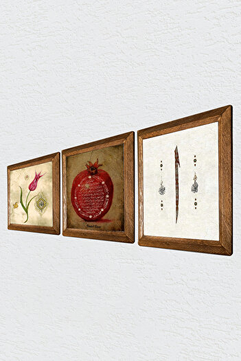 Pinecone Tulip Marbling Art, Elif, Prayer of Fertility Stone Wall Painting Wooden Framed Wall Decor Set of 3 Paintings