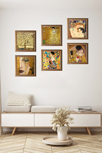 Pinecone Gustav Klimt Stone Wall Painting with Wood Frame Wall Decor 6 Piece Painting Set Wall Art